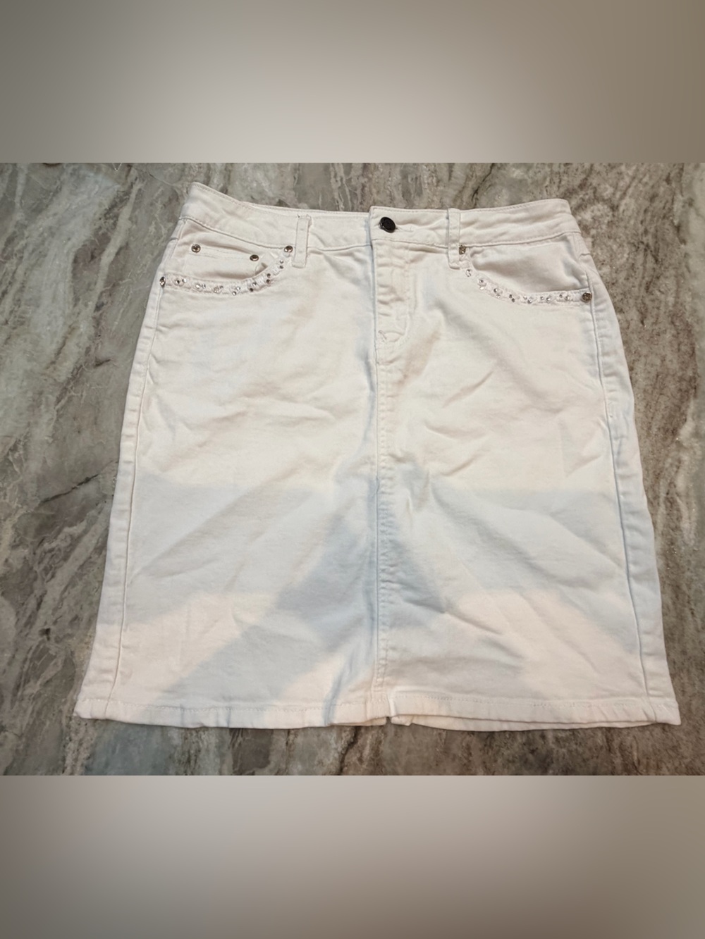 Earl Jean Bermuda Skirt Size 12 White Stretch Denim Rhinestone Bling